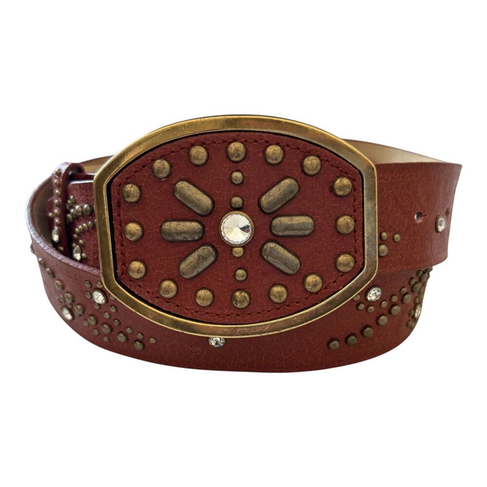 Guess Brown Leather Waist Belt Pin Buckle Clear Rhinestones XL 41-45”